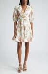 Zimmermann Floral Pleated Puff-sleeve Mini Dress In White
