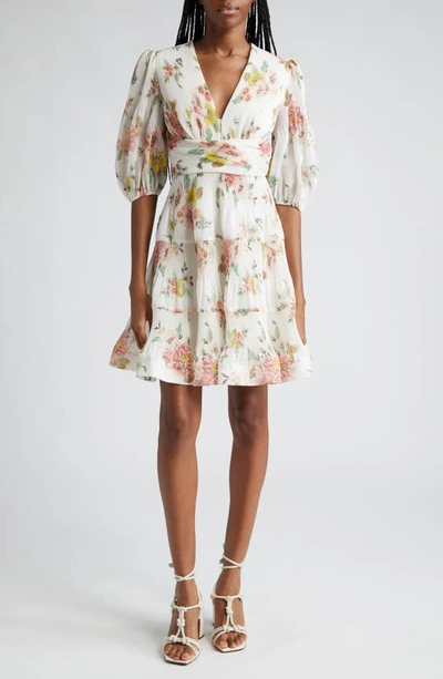 Zimmermann Floral Pleated Puff-sleeve Mini Dress In Multi