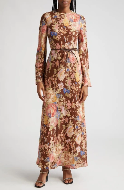 ZIMMERMANN AUGUST FLORAL PRINT LONG SLEEVE BELTED LINEN MAXI DRESS