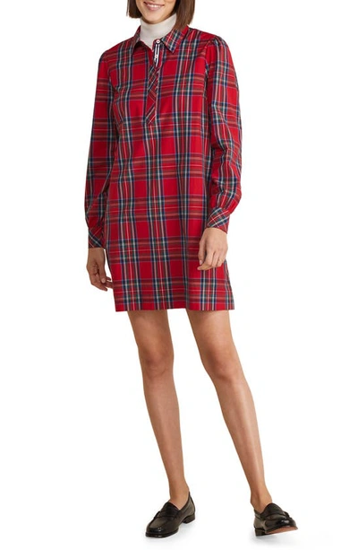 Vineyard Vines Plaid Long Sleeve Stretch Cotton Popover Minidress In Royal Red