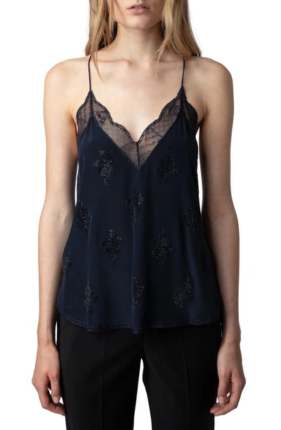 Zadig & Voltaire Christy Rhinestone-embellished Silk Top In Blue