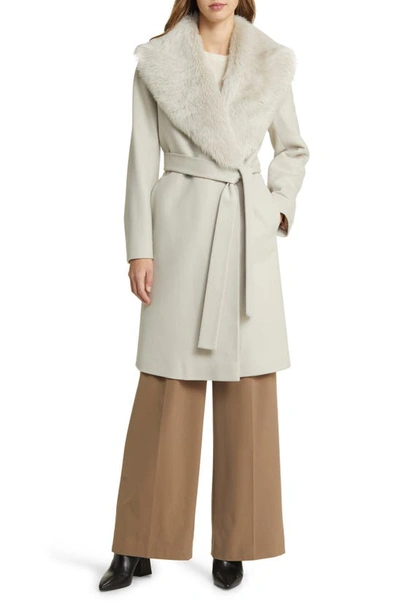 Fleurette Reese Belted Wool Wrap Coat With Shearling Collar In Fawn