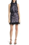 Eliza J Feather Trim Sequin Blouson Minidress In Black Multi