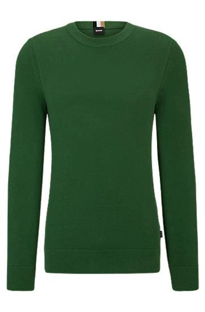 Hugo Boss Micro-structured Crew-neck Sweater In Cotton In Green