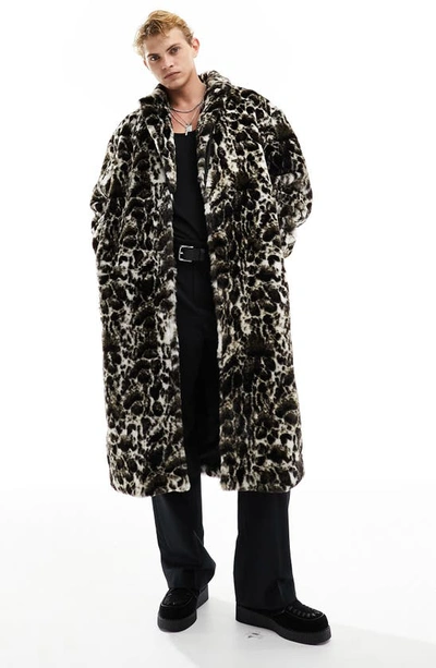 Asos Design Oversized Longline Leopard Print Faux Fur Coat-brown