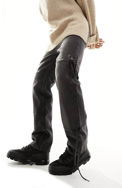 Asos Design Straight Jeans With Tie Details In Y2k Washed Black