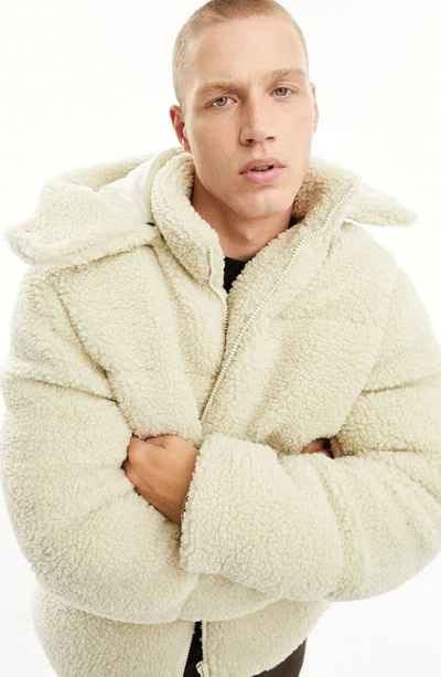 Asos Design Borg Puffer Jacket With Removable Hood In Ecru-neutral