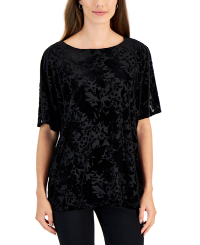 Jm Collection Women's Velvet Burnout Short-sleeve Top, Created For Macy's In Deep Black Combo