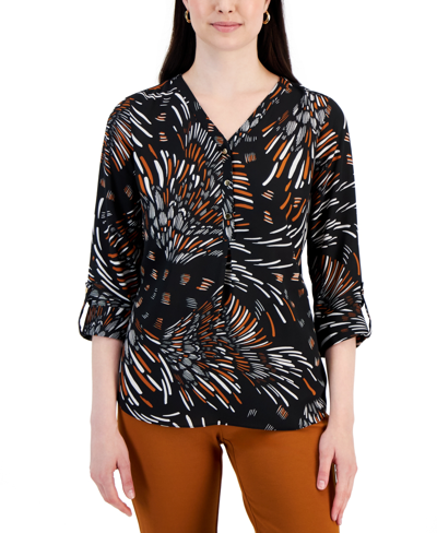 Jm Collection Petite Feathered Fireworks Printed Utility Top, Created For Macy's In Deep Black Combo