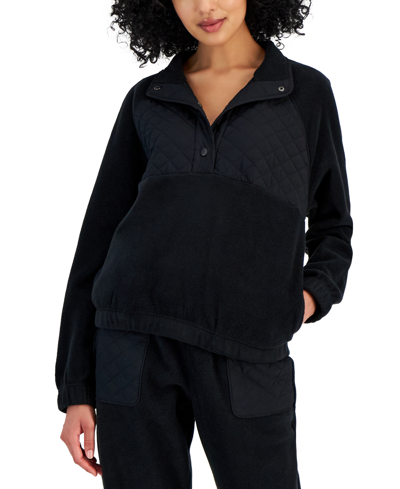 Hippie Rose Juniors' Polar Fleece Quilted Quarter-snap Sweatshirt In Black