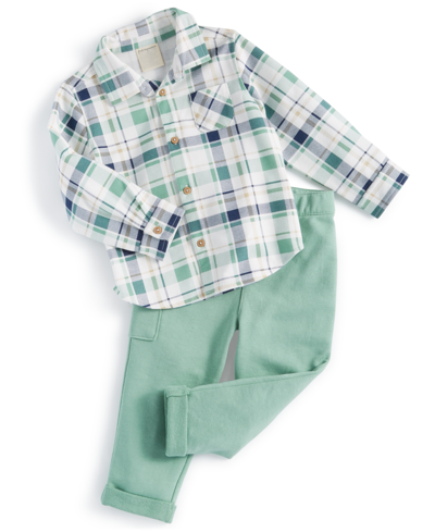 First Impressions Baby Boys Plaid Shirt And Pants, 2 Piece Set, Created For Macy's In Palm Green
