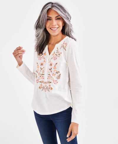 Style & Co Women's Embroidered Henley Knit Top, Regular And Petite, Created For Macy's In White Embroidery