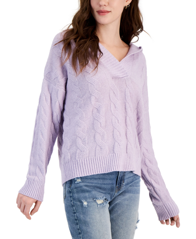 Hippie Rose Juniors' Cable-knit Hoodie Sweater In Lavender Haze