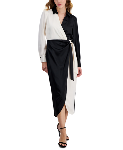 Anne Klein Women's Long-sleeve Faux-wrap Midi Dress In Anne Black,anne White