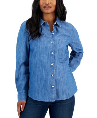 Style & Co Petite Chambray Button-up Shirt, Created For Macy's In Jean