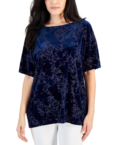 Jm Collection Women's Velvet Burnout Short-sleeve Top, Created For Macy's In Intrepid Blue Combo