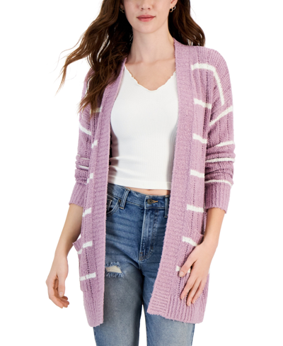 Hippie Rose Juniors' Striped Open-front Long Cardigan In Lilac Stripe