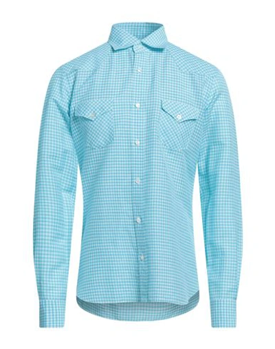 Dandylife By Barba Man Shirt Turquoise Size 15 ½ Linen, Cotton In Blue