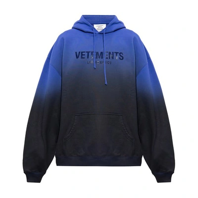 Vetements Logo-print Faded-effect Hoodie In Royal_blue