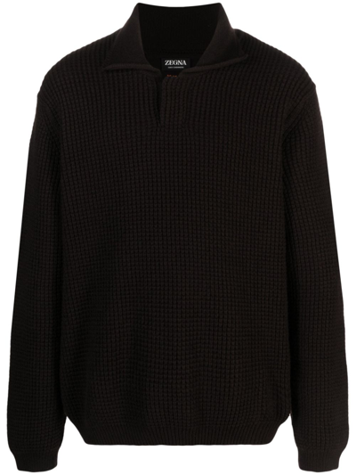 Zegna Oasi Cashmere Waffle-knit Polo Shirt In Brown