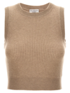 Brunello Cucinelli Metallic Cashmere-silk Rib Cut-in-shoulder Tank Top In Beige