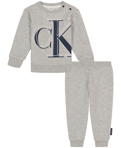 Calvin Klein Baby Boys Quilted Logo Crewneck Top And Joggers, 2 Piece Set In Gray