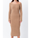 Endless Rose Long Sleeve Off The Shoulder Rib Midi Sweater Dress In Camel