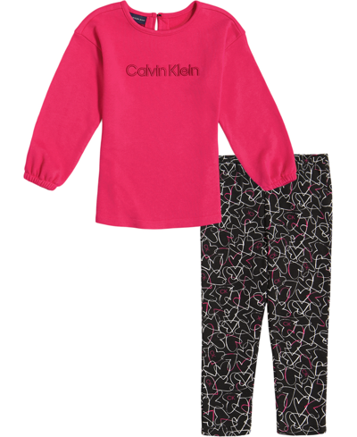 Calvin Klein Kids' Little Girls Oversized Logo Crew-neck Sweatshirt And Printed Leggings Set, 2 Piece In Fuchsia Pink