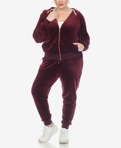 White Mark Plus Size Velour Tracksuit Loungewear 2pc Set In Burgundy