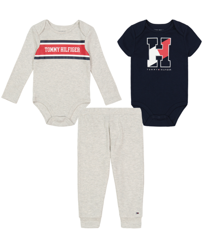 Tommy Hilfiger Baby Boys Long Sleeve Signature Bodysuit, Short Sleeve Logo Bodysuit And Heather Joggers, 3 Piece Se In Cream Heather