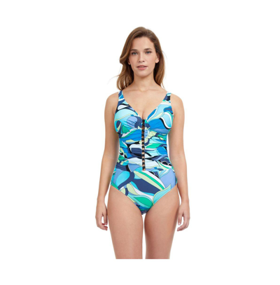 Profile By Gottex Retro Love D-cup V-neck One Piece Swimsuit In Blue Multi