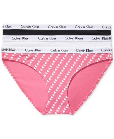 Calvin Klein Women's Carousel Cotton 3-pack Bikini Underwear Qd3588 In Black,white,heart Print