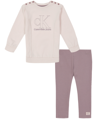 Calvin Klein Kids' Little Girls French Terry Monogram Tunic Sweatshirt And Waffle-knit Leggings Set, 2 Piece In Pink