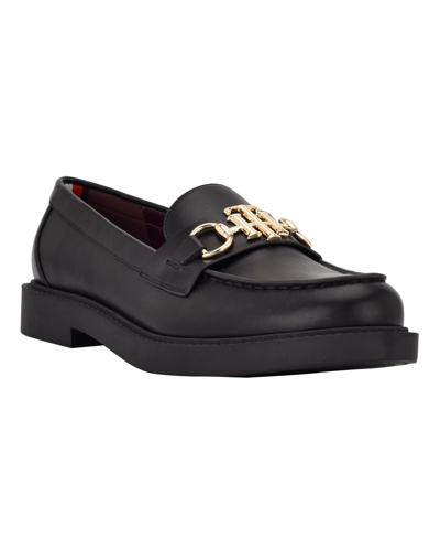 Tommy Hilfiger Women's Trevys Slip On Moc Toe Loafers In Black Faux Leather