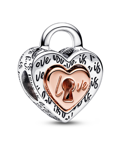 Pandora Sterling Silver Two-tone Padlock Splitable Heart Charm In Silver,rose-gold