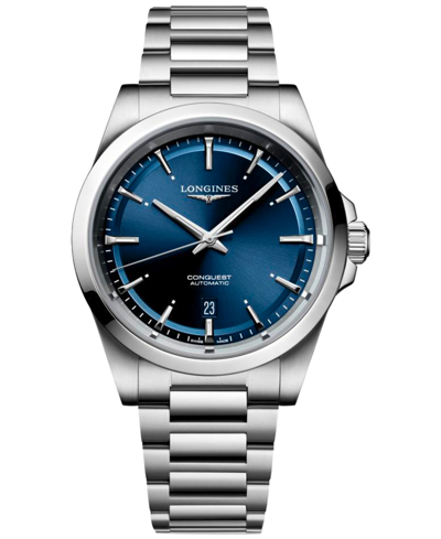 Longines Men's Swiss Automatic Conquest Stainless Steel Bracelet Watch 41mm In Blue
