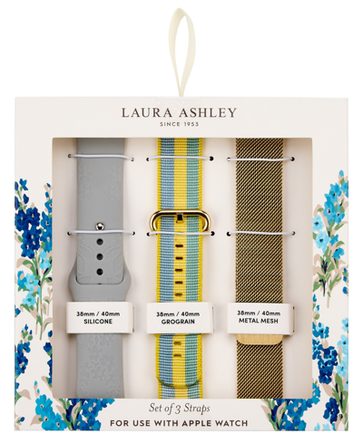 Laura Ashley Women's Gold-tone Mesh, Yellow Grosgrain And Gray Silicone Strap Set Compatible With Apple Watch 38m In Multi