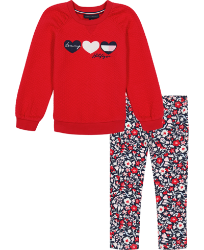 Tommy Hilfiger Kids' Toddler Girls Quilted Raglan Tunic And Floral Leggings, 2 Piece Set In Red