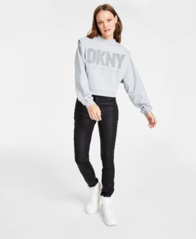 Dkny Jeans Womens Long Sleeve Studded Logo Sweatshirt Coated Denim Skinny Jeans In Steel Grey Heather