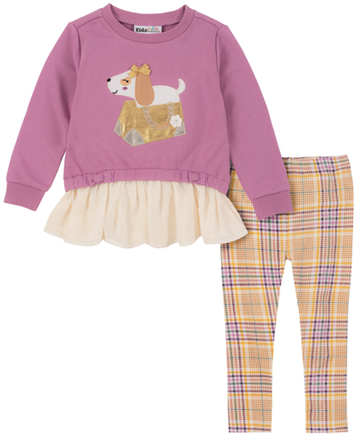 Kids Headquarters Kids' Toddler Girls Georgette Skirted French Terry Crew-neck Tunic And Plaid Leggings, 2 Piece Set In Lavender