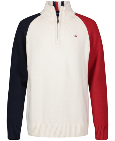 Tommy Hilfiger Kids' Big Boys Colorblock Long Sleeve Quarter Zip Sweater In Snow White