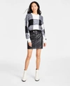 DKNY JEANS WOMENS BOX PLAID LONG SLEEVE PULLOVER SWEATER FAUX LEATHER STUDDED MINI SKIRT