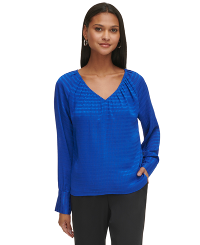 Calvin Klein Women's Long Sleeve Textured V-neck Blouse In Klein Blue