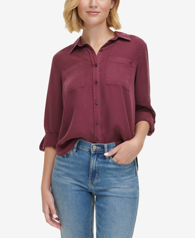 Calvin Klein Jeans Est.1978 Women's Stand-collar Charmeuse Puff-sleeve Shirt In Garnet