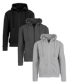 Blue Ice Men's Fleece-lined Full-zip Hoodie, Pack Of 3 In Black,charcoal,heather Gray