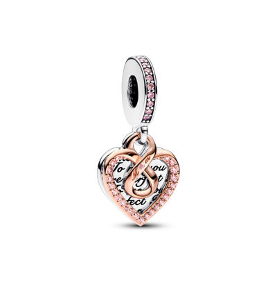 Pandora Cubic Zirconia Two-tone Infinity Heart Double Dangle Charm In Pink