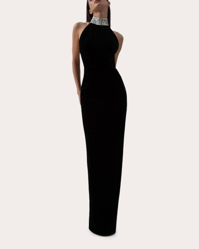 Rasario Crystal Embellished Turtleneck Velvet Gown In Black