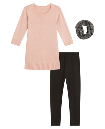 Beautees Kids' Big Girls 3/4 Sleeve Sweater, Scarf And Leggings, 3 Piece Set In Mauve