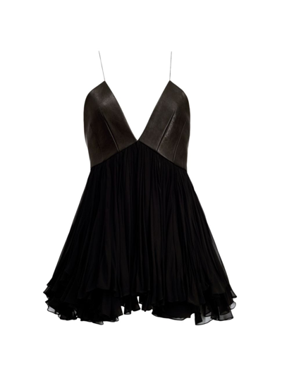 Khaite Anita Open-back Leather And Gathered Silk-georgette Top In Black