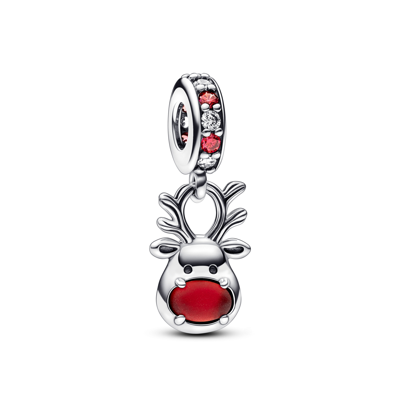 Pandora Cubic Zirconia Nose Reindeer Murano Dangle Charm In Red